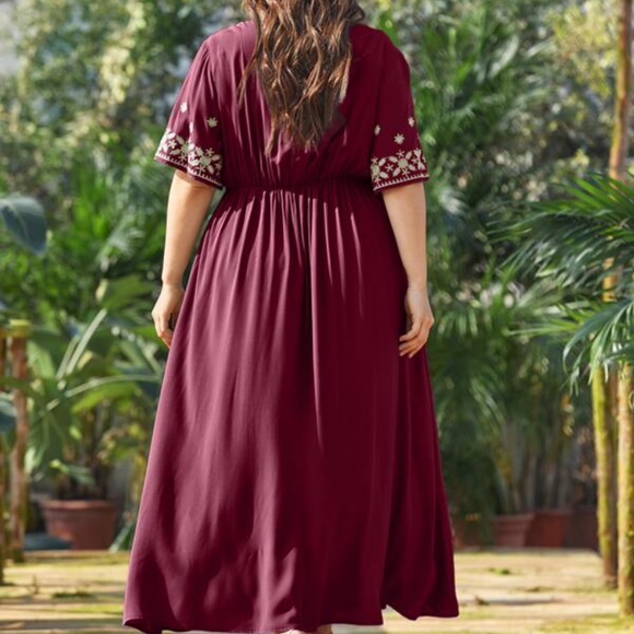 PLUS Boho Green V neck Floral Embroidered A-line Dress - Picture 6 of 13